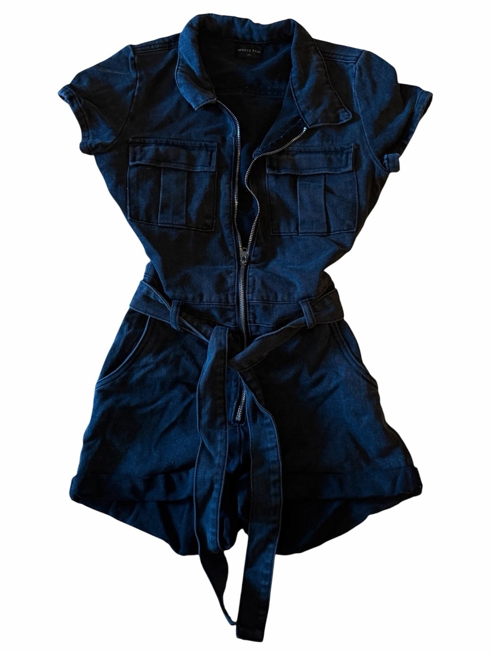 white fox boutique black denim zip up romper shorts